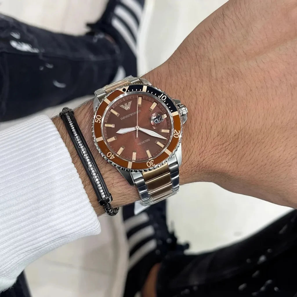 Emporio Armani Diver AR11340 Men’s Watch – Brown Dial Two-Tone Stainless Steel Sport Luxury Watch