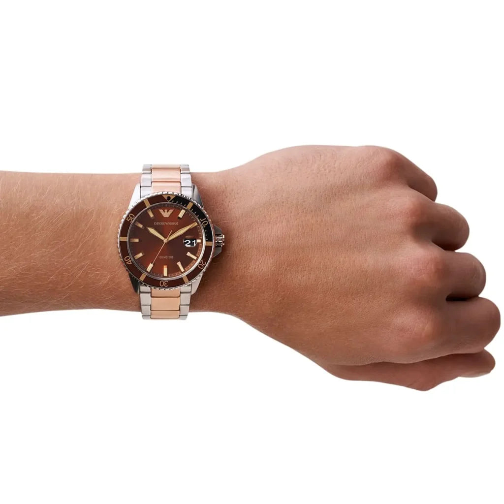 Emporio Armani Diver AR11340 Men’s Watch – Brown Dial Two-Tone Stainless Steel Sport Luxury Watch
