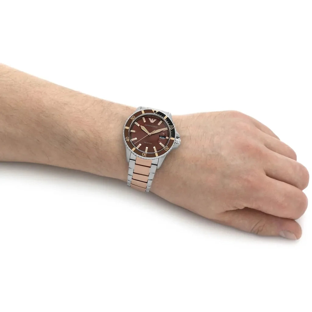 Emporio Armani Diver AR11340 Men’s Watch – Brown Dial Two-Tone Stainless Steel Sport Luxury Watch