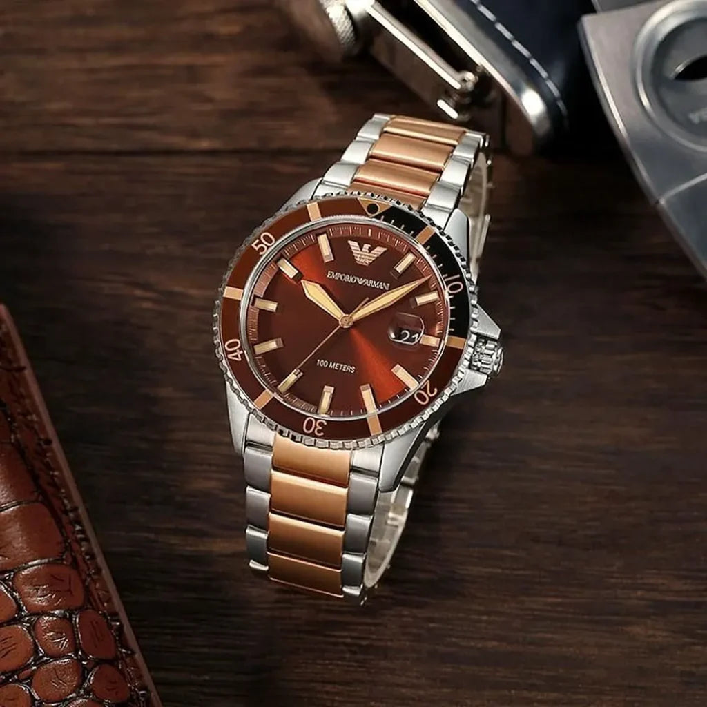 Emporio Armani Diver AR11340 Men’s Watch – Brown Dial Two-Tone Stainless Steel Sport Luxury Watch