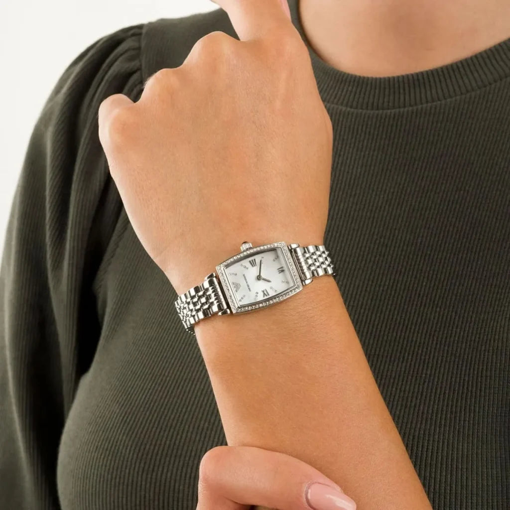 Emporio Armani Gianni T-Bar AR11405 Women’s Watch – White Dial Square Stainless Steel Elegant Fashion Watch