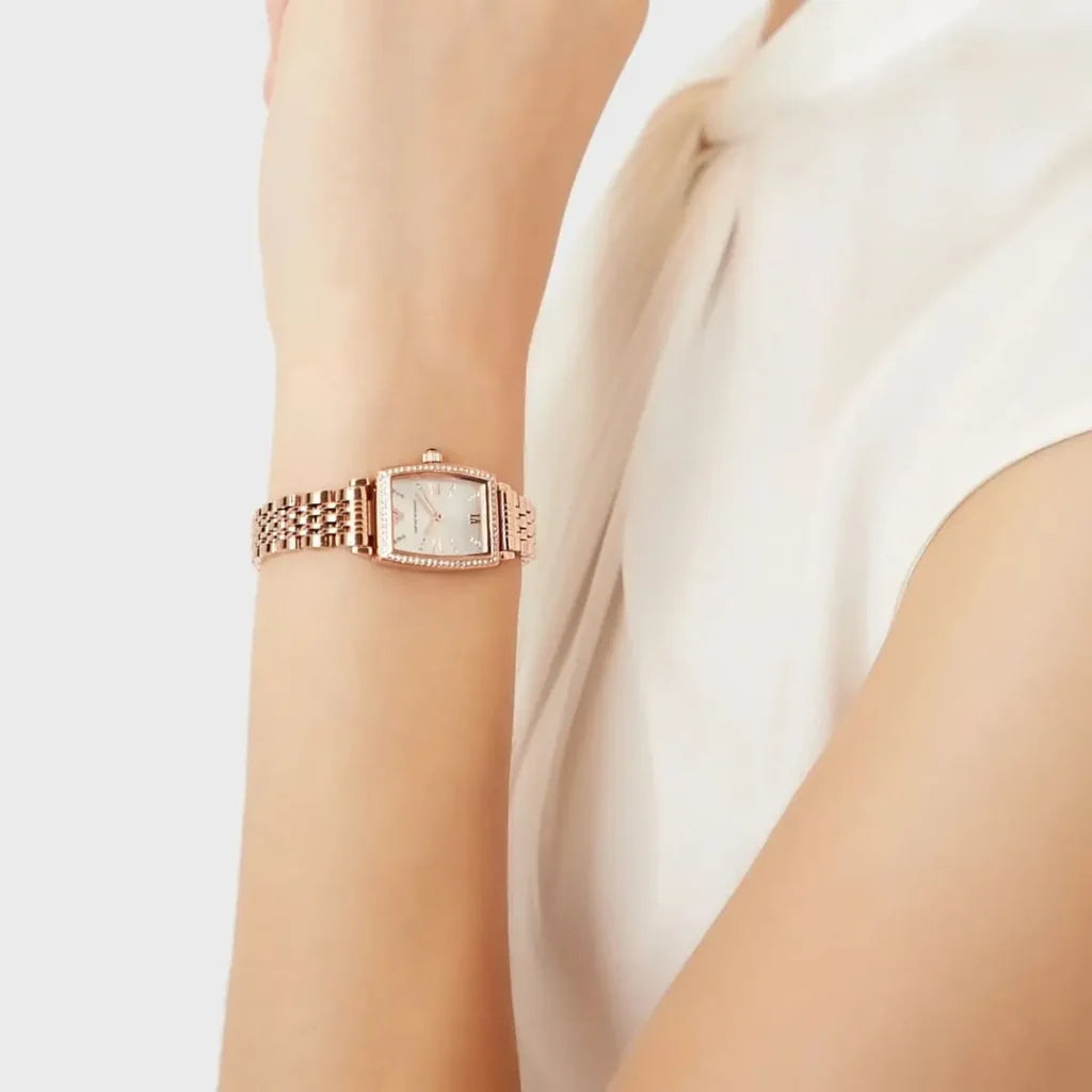 Emporio Armani Gianni T-Bar AR11406 Women’s Watch – Square Silver Dial Rose Gold Stainless Steel Elegant Fashion Watch