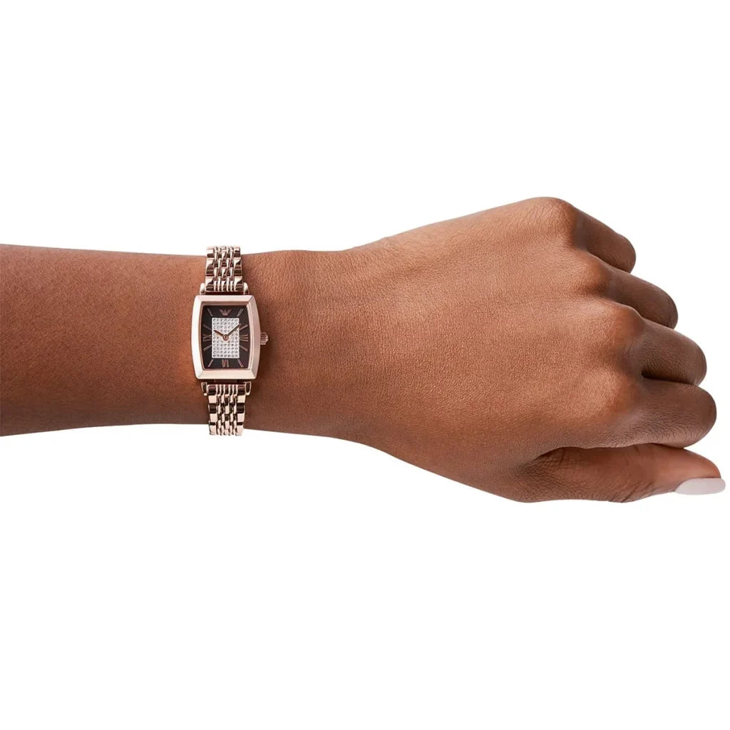 Emporio Armani Gianni T-Bar AR11407 Women’s Watch – Square Brown Dial Rose Gold Stainless Steel Elegant Fashion Watch