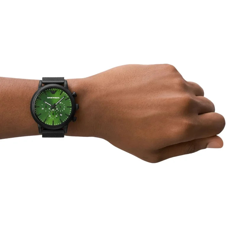Emporio Armani AR11470 Luigi Men's Chronograph Watch – Green Dial, Black Stainless Steel Strap, 46mm Quartz