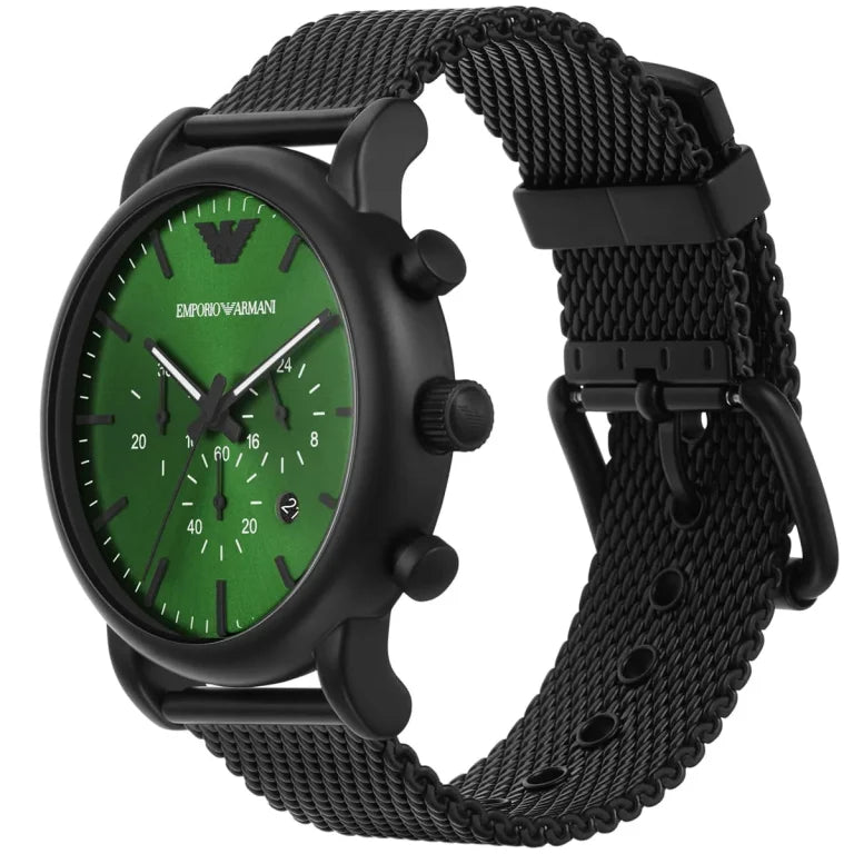 Emporio Armani AR11470 Luigi Men's Chronograph Watch – Green Dial, Black Stainless Steel Strap, 46mm Quartz