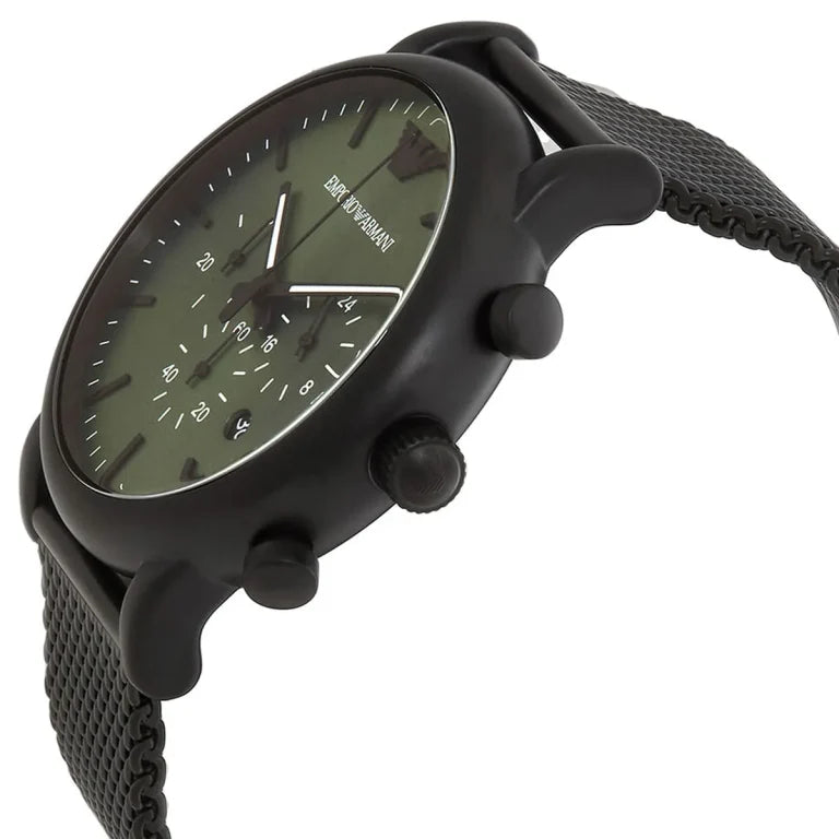 Emporio Armani AR11470 Luigi Men's Chronograph Watch – Green Dial, Black Stainless Steel Strap, 46mm Quartz
