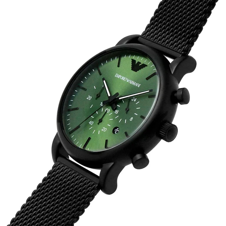 Emporio Armani AR11470 Luigi Men's Chronograph Watch – Green Dial, Black Stainless Steel Strap, 46mm Quartz