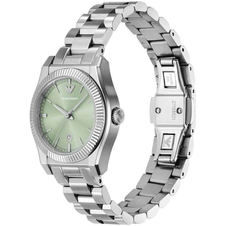 Emporio Armani Federica AR11656 Women’s Silver Stainless Steel Watch – Green Dial 32mm Quartz Timepiece with Date