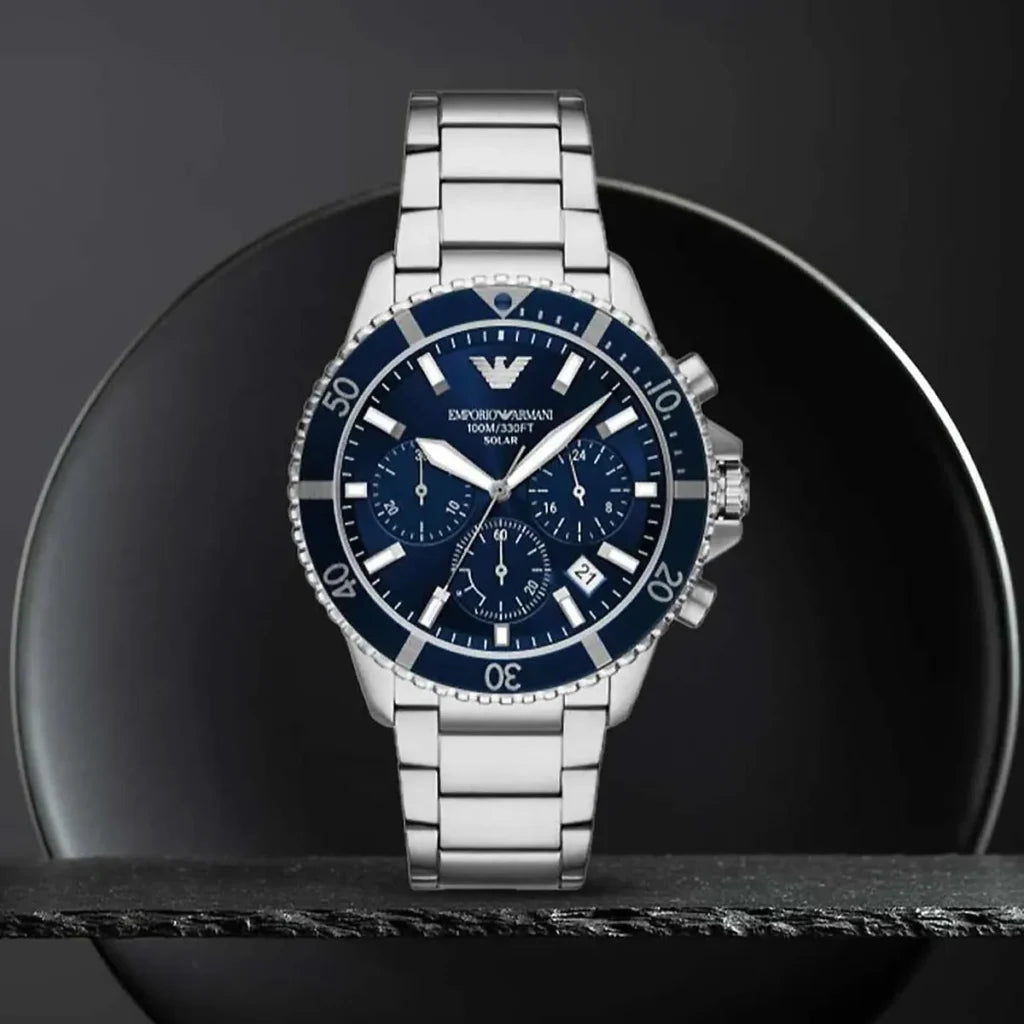 Emporio Armani World Explorer Men's Quartz Watch AR11681 – 43 mm, Blue Dial & Silver Stainless Steel Bracelet