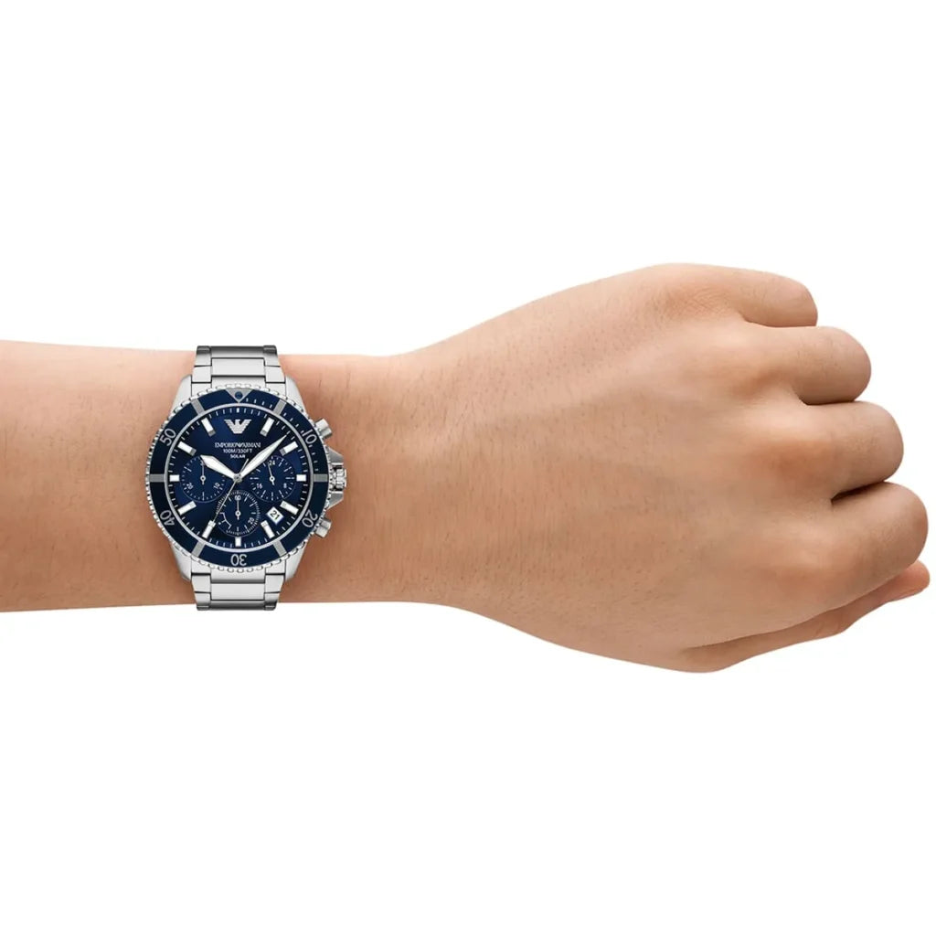 Emporio Armani World Explorer Men's Quartz Watch AR11681 – 43 mm, Blue Dial & Silver Stainless Steel Bracelet