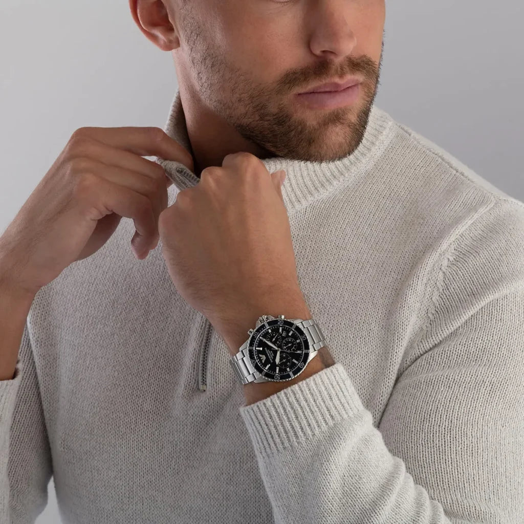 Emporio Armani World Explorer Men's Quartz Watch AR11681 – 43 mm, Blue Dial & Silver Stainless Steel Bracelet