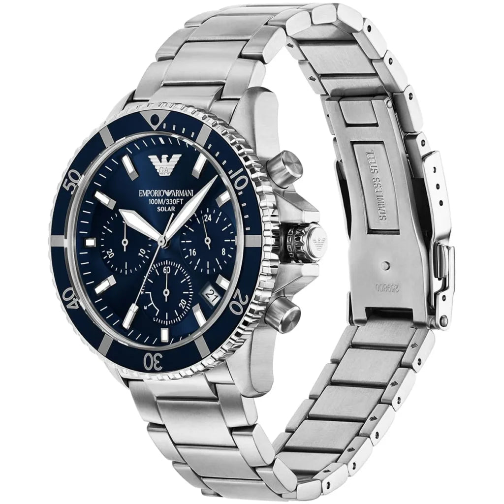 Emporio Armani World Explorer Men's Quartz Watch AR11681 – 43 mm, Blue Dial & Silver Stainless Steel Bracelet