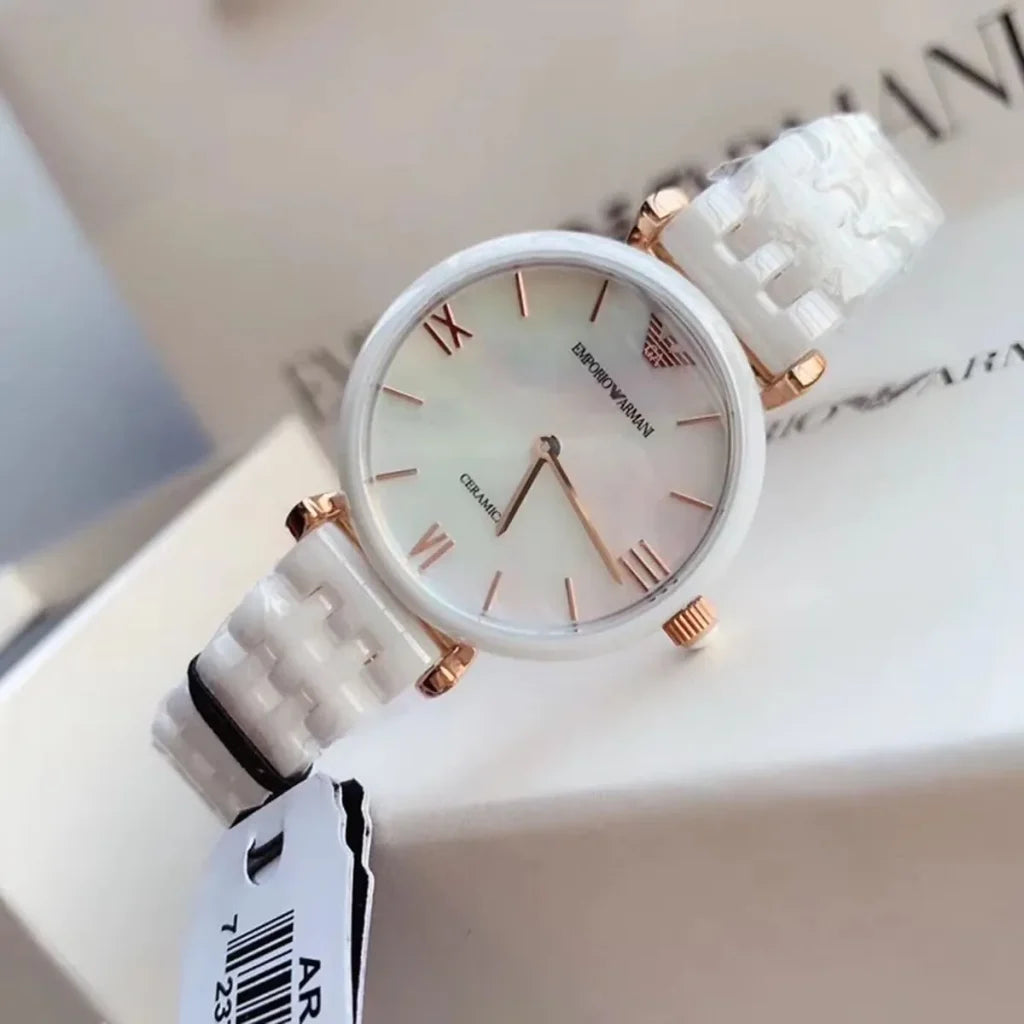 Emporio Armani Gianni T-Bar AR1486 Women’s Watch – White Ceramic Strap White Dial Elegant Luxury Fashion Watch