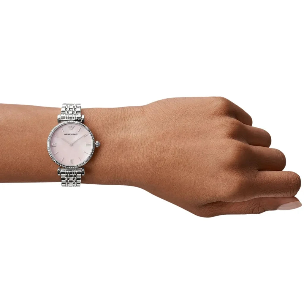 Emporio Armani AR1779 Women’s Watch – Gianni T-Bar Silver Stainless Steel with Pink Dial 32mm