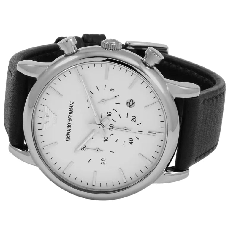 Emporio Armani Luigi XLarge AR1807 Men’s Watch – White Dial & Black Genuine Leather Strap | 46mm Quartz Classic Luxury Timepiece