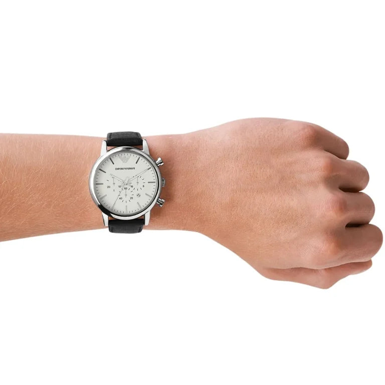 Emporio Armani Luigi XLarge AR1807 Men’s Watch – White Dial & Black Genuine Leather Strap | 46mm Quartz Classic Luxury Timepiece