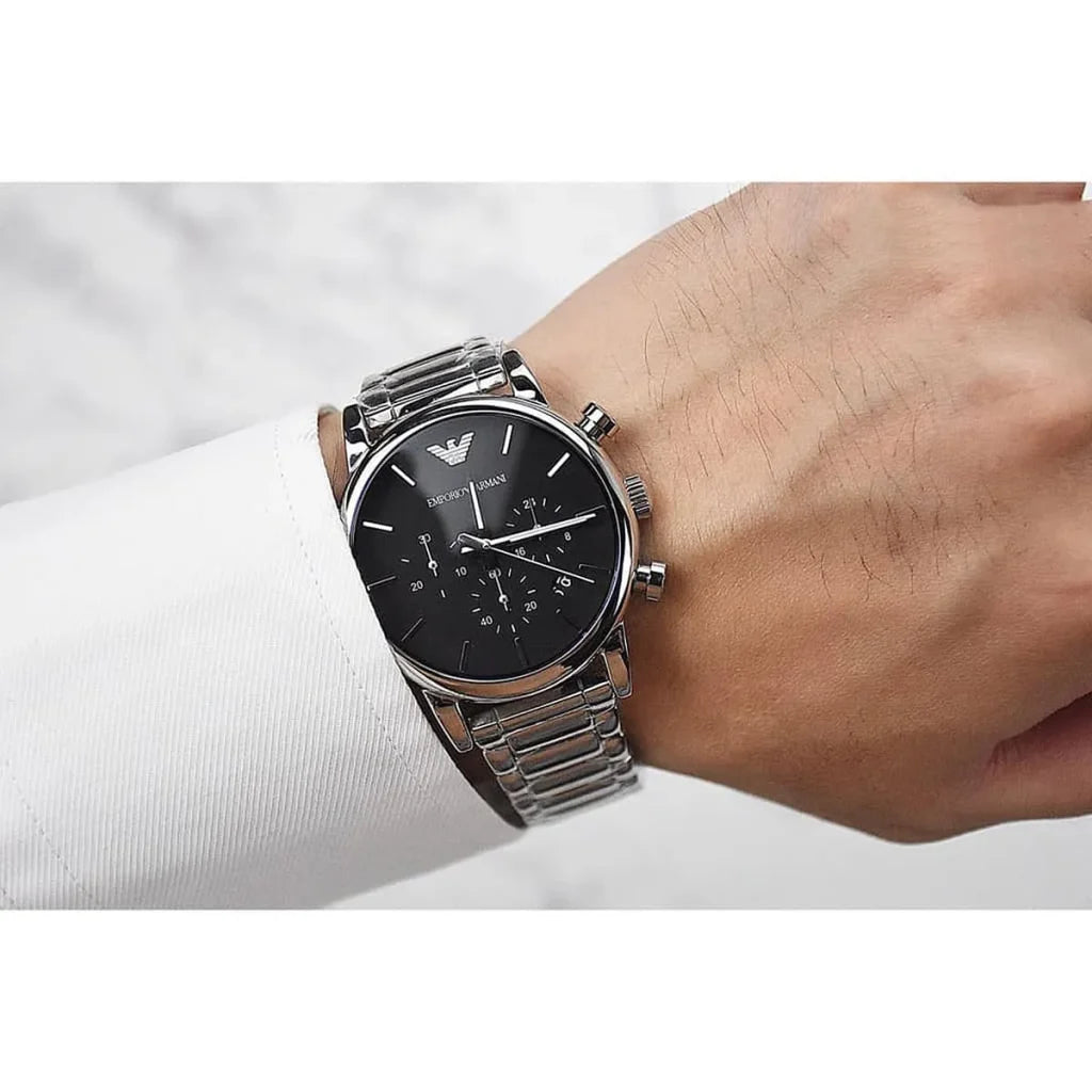 Emporio Armani AR1853 Men’s Watch – Luigi Large Silver Stainless Steel with Black Dial 41mm