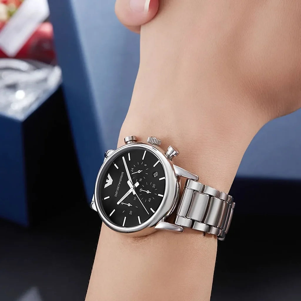 Emporio Armani AR1853 Men’s Watch – Luigi Large Silver Stainless Steel with Black Dial 41mm