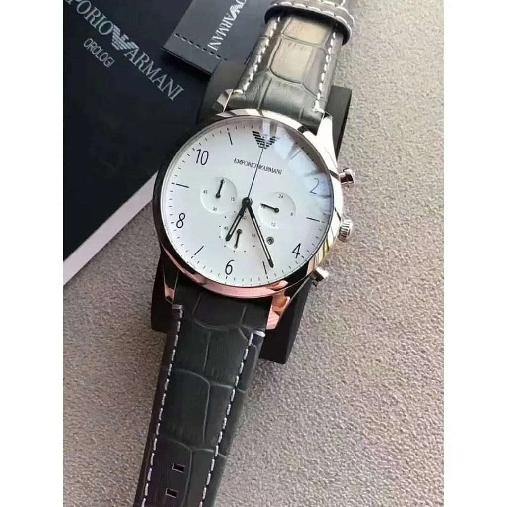 Emporio Armani AR1861 Men’s Watch – Luigi XLarge Gray Genuine Leather Strap with White Dial 46mm