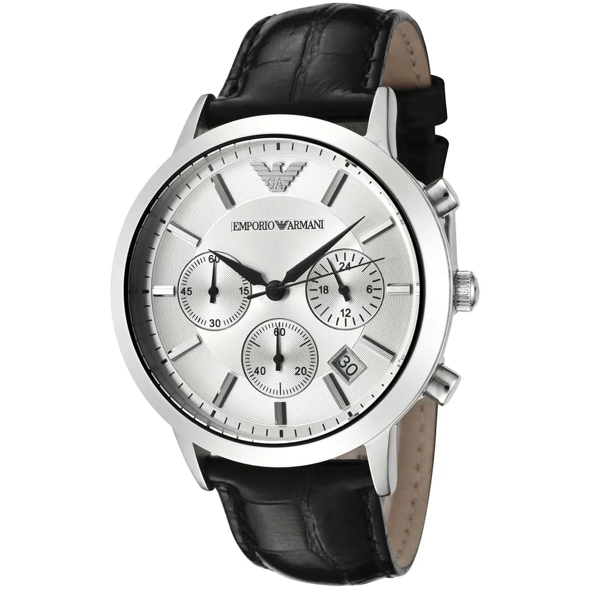 Emporio Armani Renato Uni Men’s Watch AR2436 – Silver Dial, Black Genuine Leather Strap, 39mm