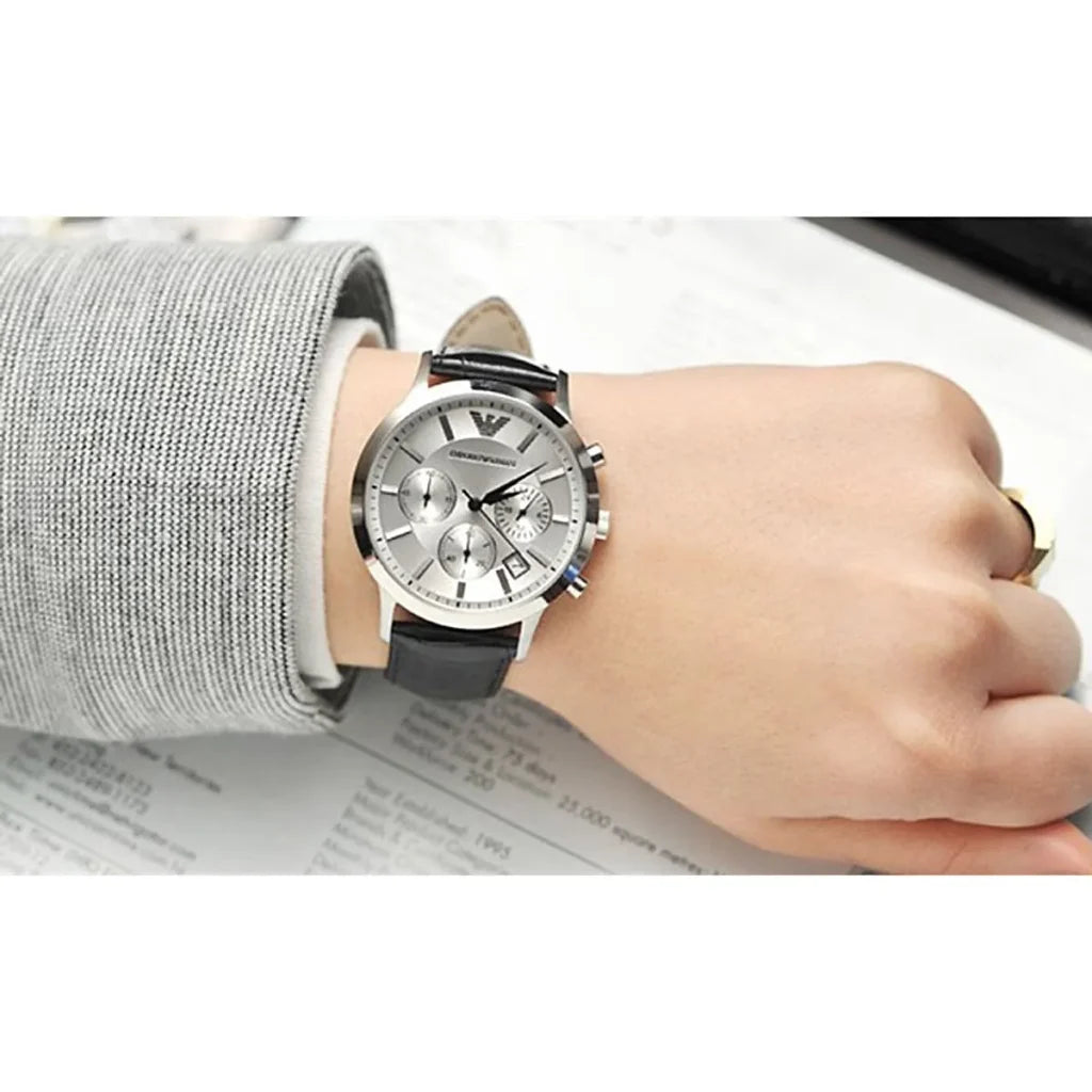 Emporio Armani Renato Uni Men’s Watch AR2436 – Silver Dial, Black Genuine Leather Strap, 39mm