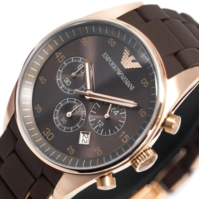 Emporio Armani Tazio Medium Women’s Watch – Brown Dial with Stainless Steel & Silicone Strap | 50M Water Resistant | Model AR5891