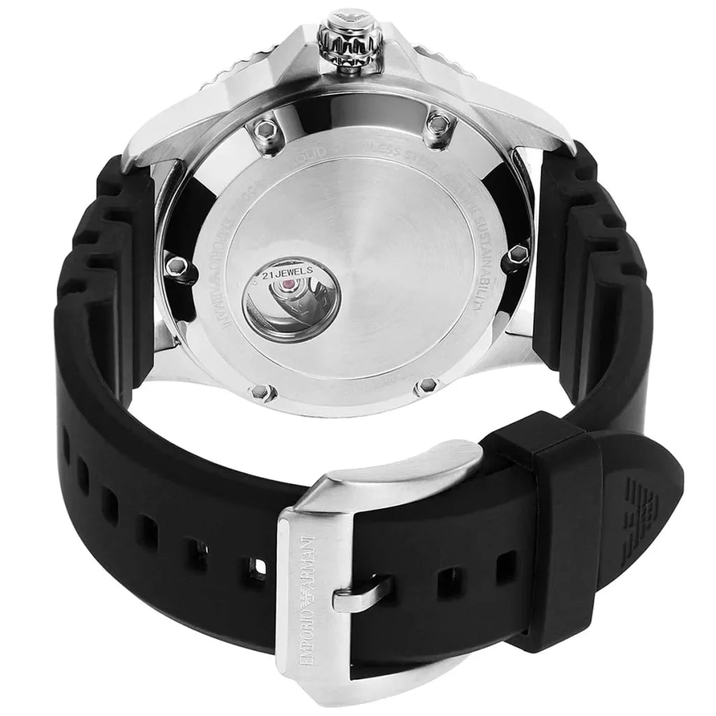 Emporio Armani Men's Automatic Watch AR60062 – 42 mm, Black Dial & Black Silicone Strap