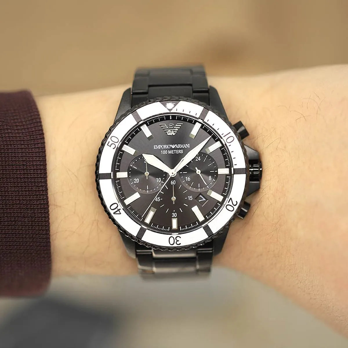 Emporio Armani AR80050 Men’s Analog Watch – 43mm Black Dial with Black Stainless Steel Strap | Diver Series