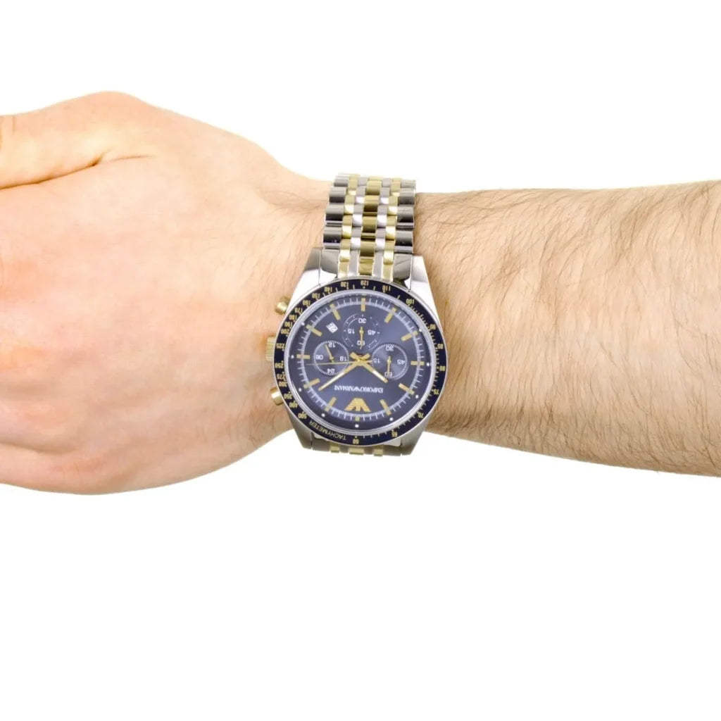 Emporio Armani AR8030 Men’s Watch – Tazio XLarge Two-Tone Stainless Steel with Blue Dial 46mm
