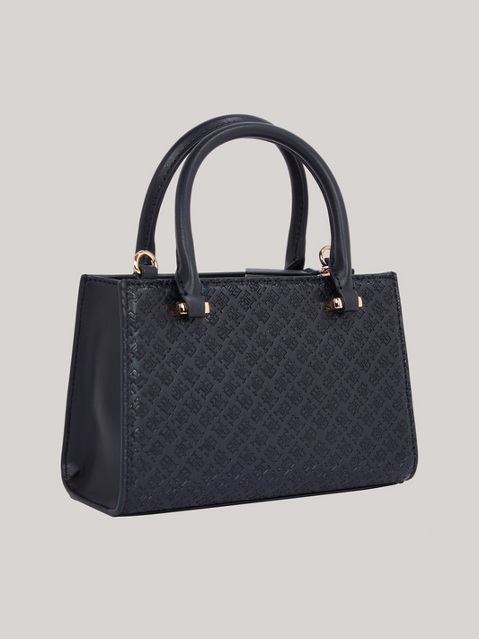 Tommy Hilfiger TH Monogram Debossed Tote – Black Faux Leather Handbag