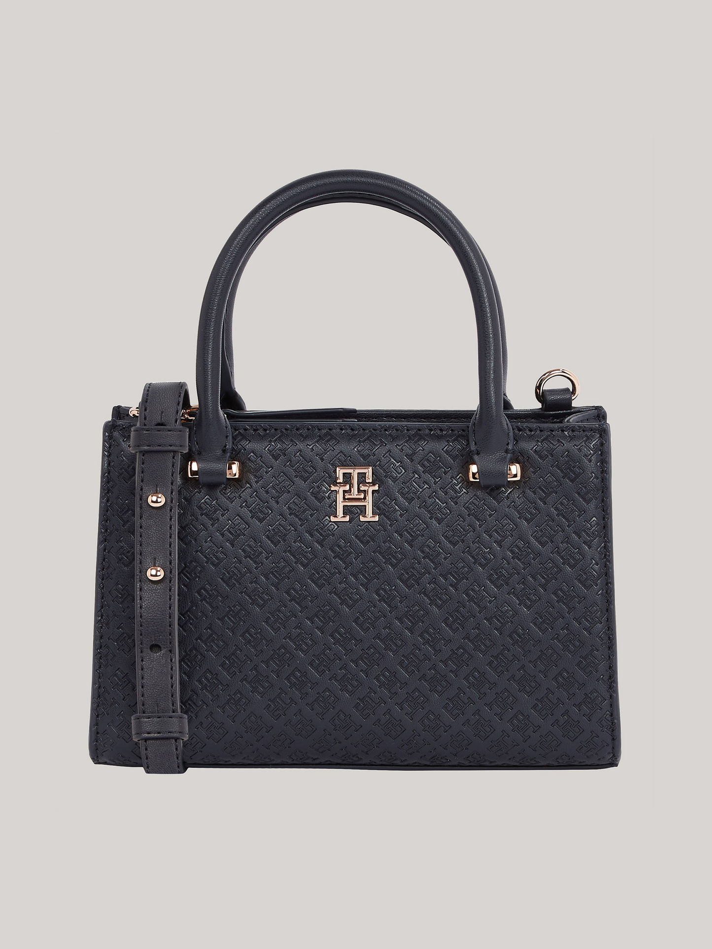 Tommy Hilfiger TH Monogram Debossed Tote – Black Faux Leather Handbag