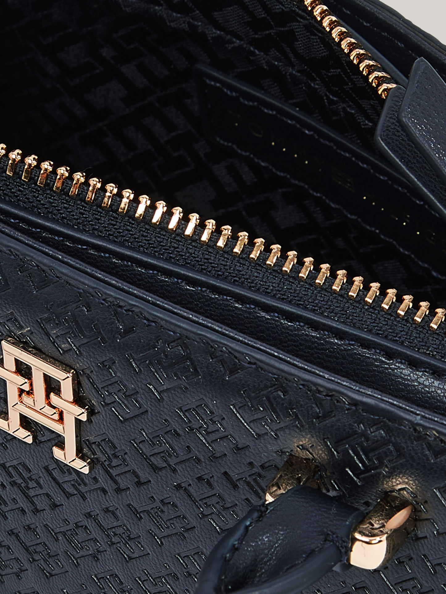 Tommy Hilfiger TH Monogram Debossed Tote – Black Faux Leather Handbag