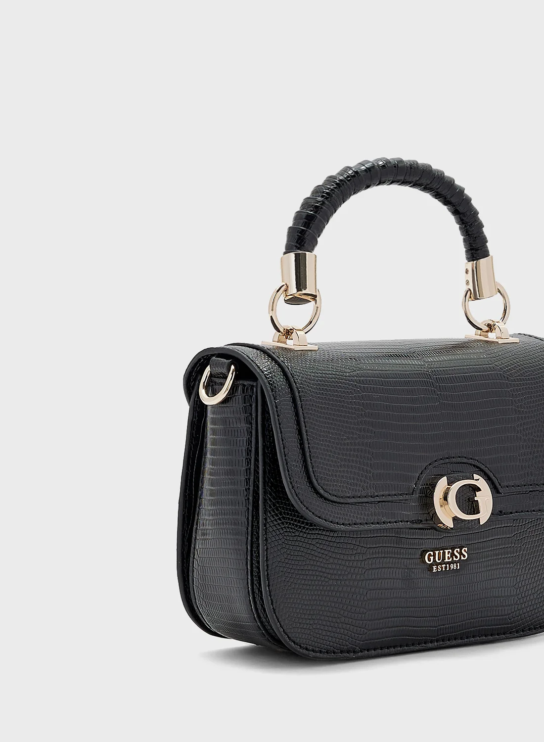 GUESS Orlina Top Handle Crossbody Bag – Black Textured Faux Leather