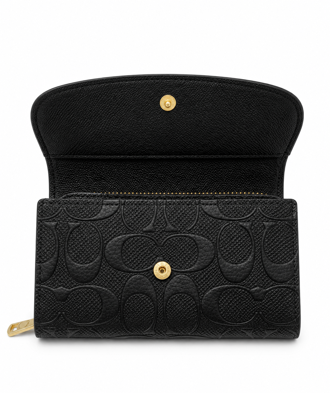 COACH Women's Premium Leather Wallet – Black with Signature Embossed Pattern & Gold Zipper#02