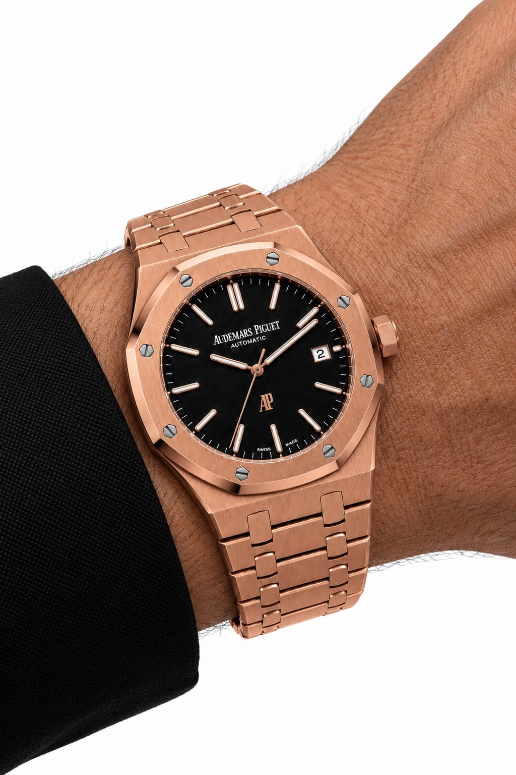 Audemars Piguet Royal Oak Style Men's Rose Gold-Tone Automatic Watch with Black Dial