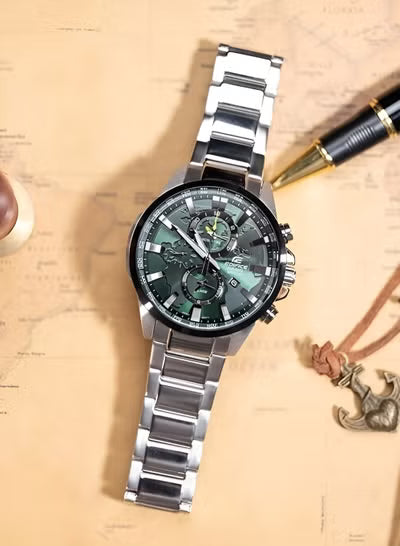 Casio Edifice EFR-303D-1A Men's World Time Watch – Green Dial Stainless Steel Analog Watch for Men, Dual Time, Quartz Movement