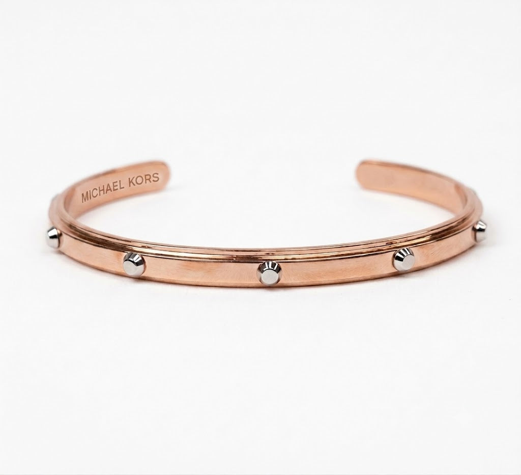 Women's Rose Gold Stainless Steel Open Cuff Bracelet – Modern Design with Decorative Metal Studs#016