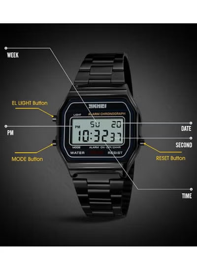 SKMEI 1474 Black Digital Watch for Men – Slim Retro Design with Stylish Crystal Accents