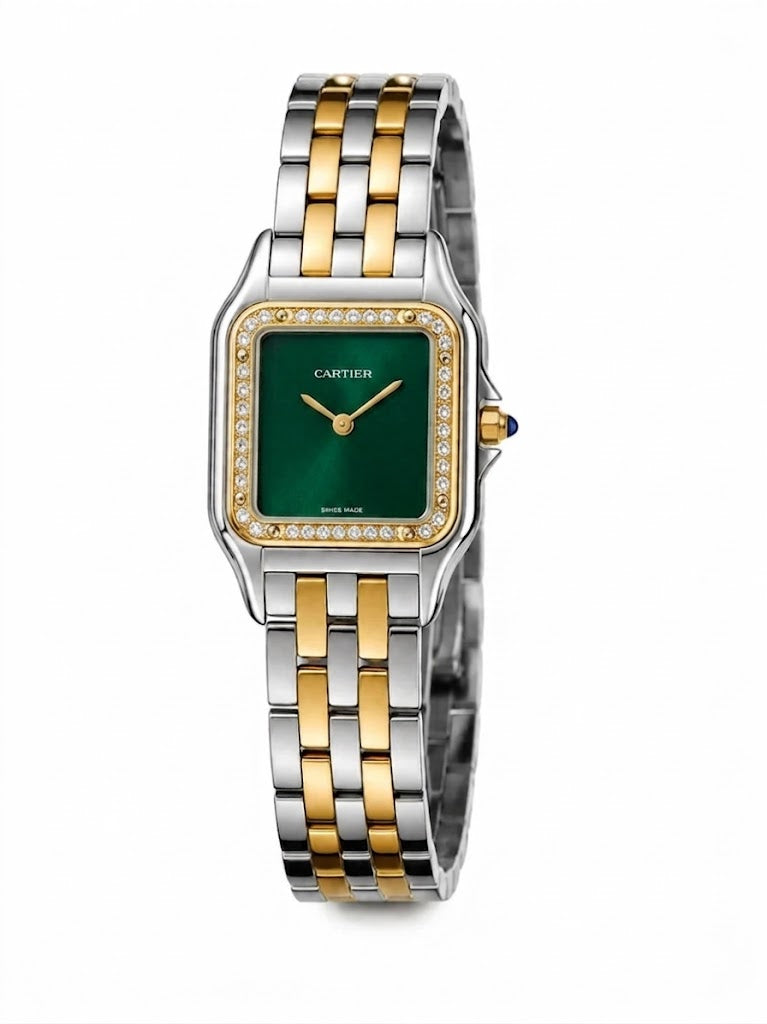 Cartier Panthère-Inspired Women’s Two-Tone Gold & Silver Square Watch with Sparkling Rhinestone-Set Bezel & Green Dial (Medium Case) Dimensions: 36.5 × 26.7 mm