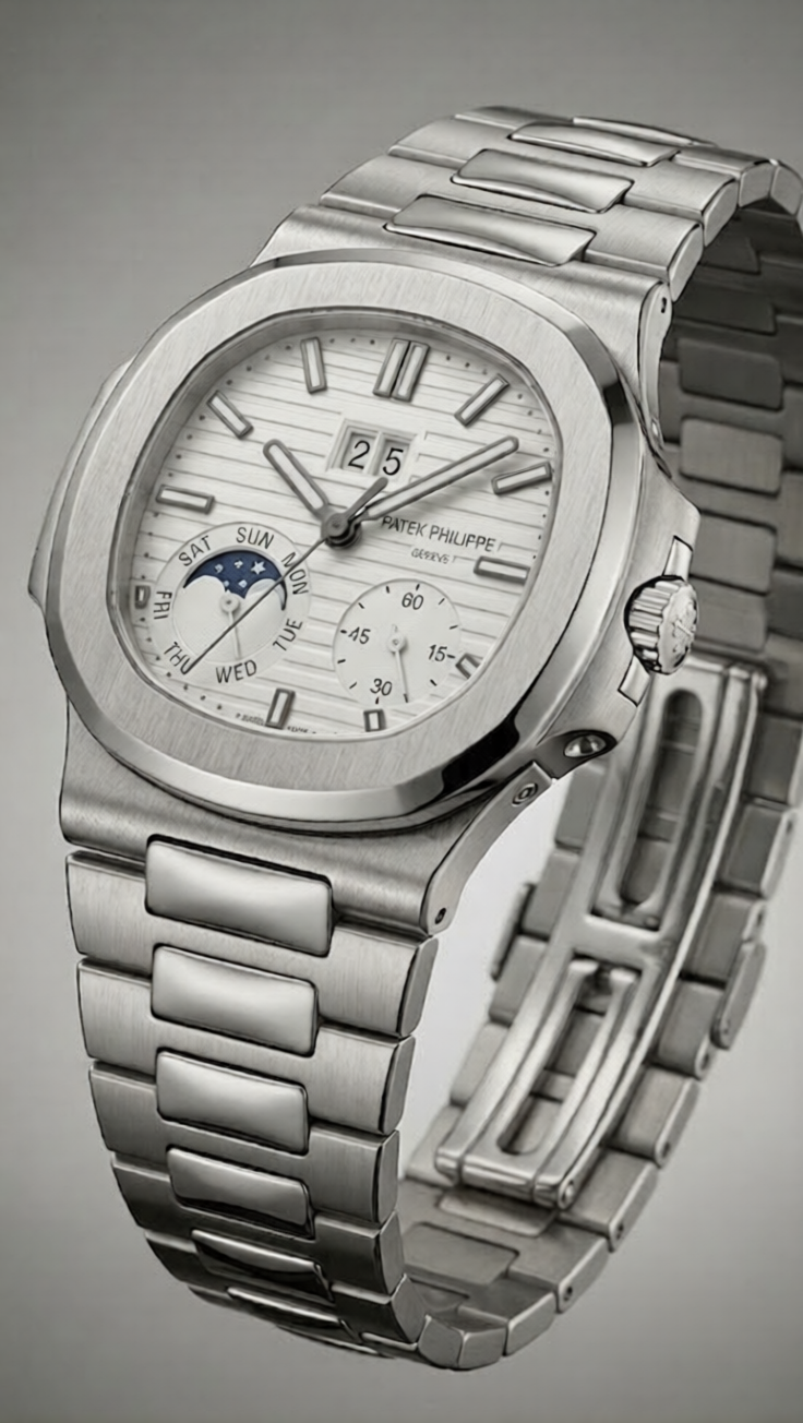 Luxury Nautilus-Style Stainless Steel Watch – White Dial, Multi-Function Display