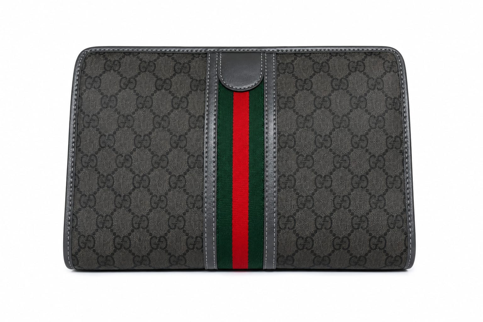 Gucci GG Supreme Unisex Clutch Bag – Grey & Black Monogram with Signature Web Stripe#01