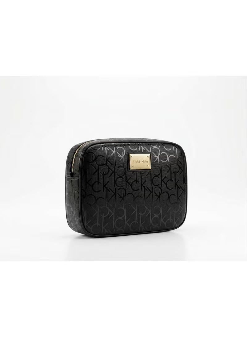 Calvin Klein Women's Embossed Monogram Camera Crossbody Bag with Gold Chain Strap - Black #0025