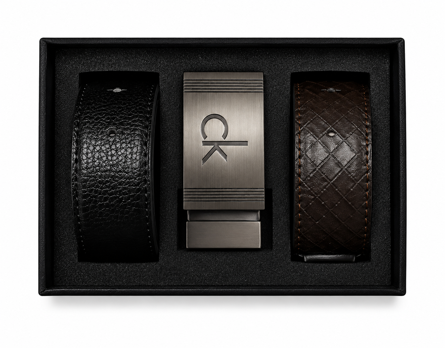 Calvin Klein Men’s 3-Piece Leather Belt Set: Interchangeable Buckle with Black & Brown Straps #S-15