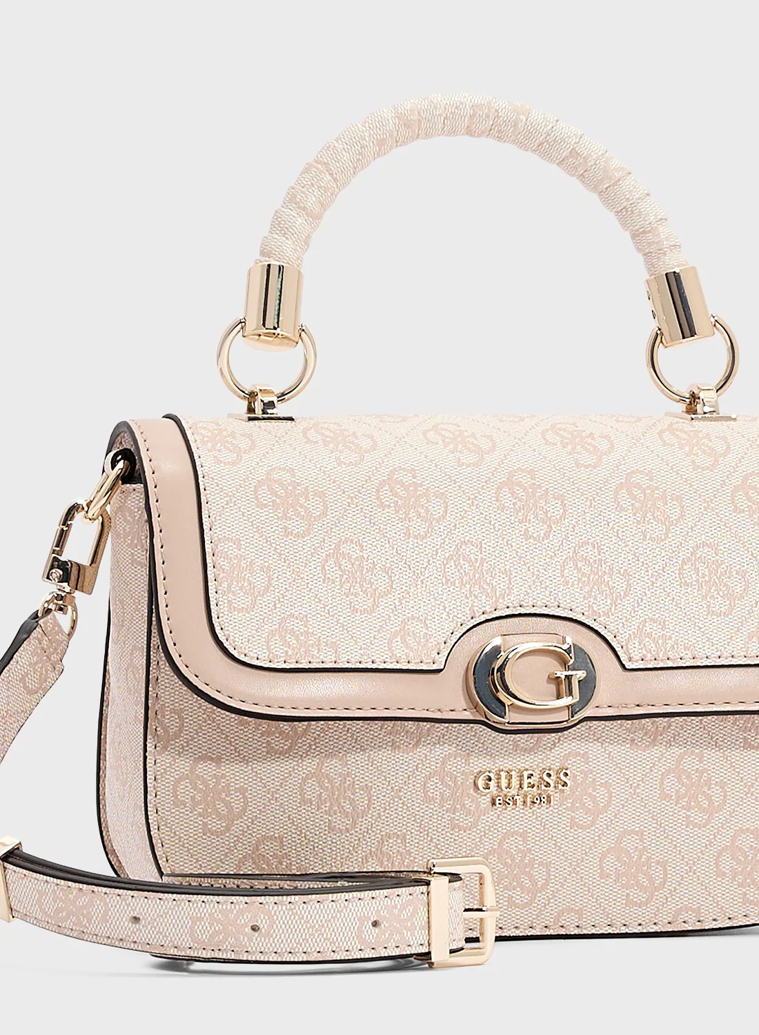 GUESS Orlina Logo Top Handle Flap Satchel – Sand Monogram Satchel