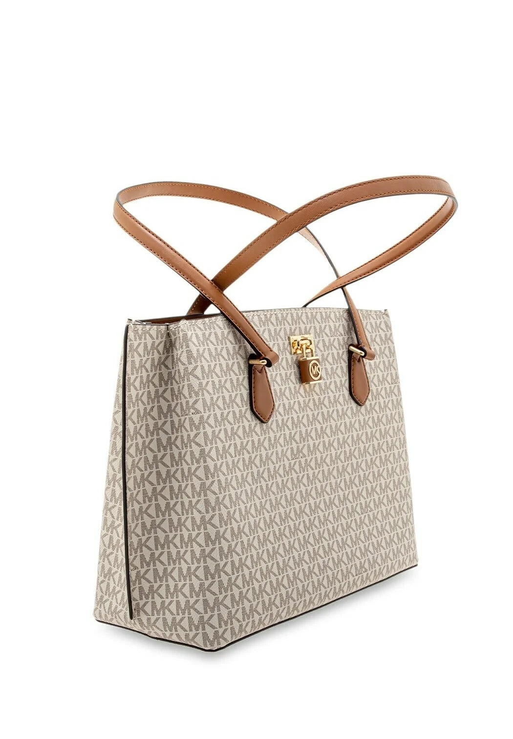 Michael Kors Women's Monogram Signature Medium Tote Shoulder Bag with Lock Charm - Beige #0034