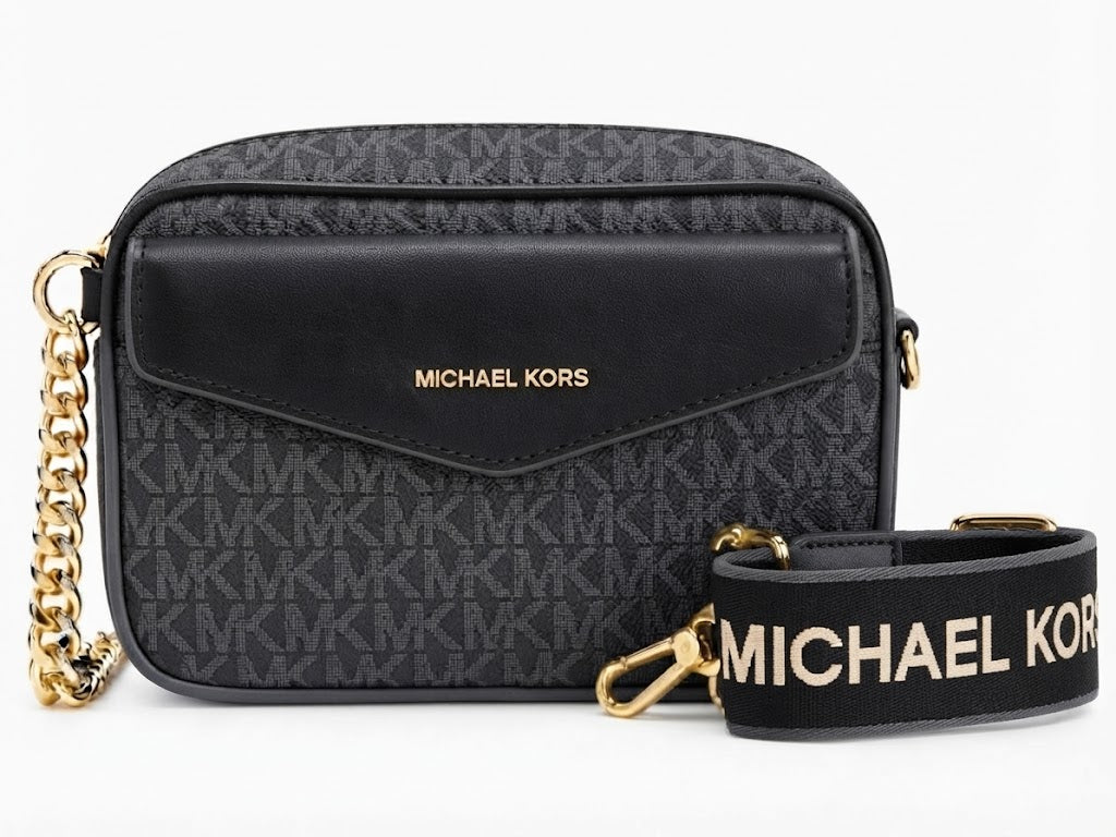 Michael Kors Signature Monogram Camera Crossbody Bag – Black#0073