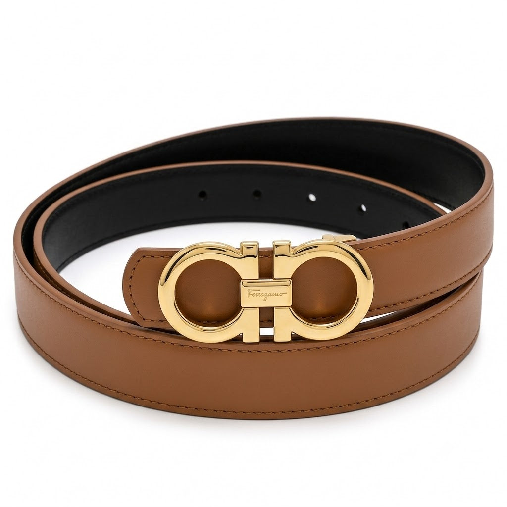 Salvatore Ferragamo Women's Leather Belt with Gold Gancini Buckle – Brown#08
