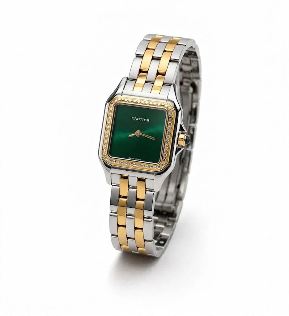 Cartier Panthère-Inspired Women’s Two-Tone Gold & Silver Square Watch with Sparkling Rhinestone-Set Bezel & Green Dial (Small Case) Dimensions: 25.1 × 18.5 mm