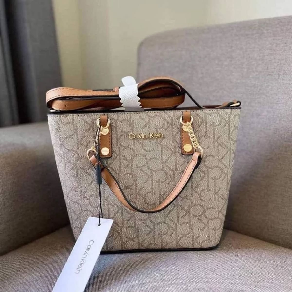 Calvin Klein Medium Tote Bag – Beige Monogram Logo Design, Sophisticated Urban Style #03