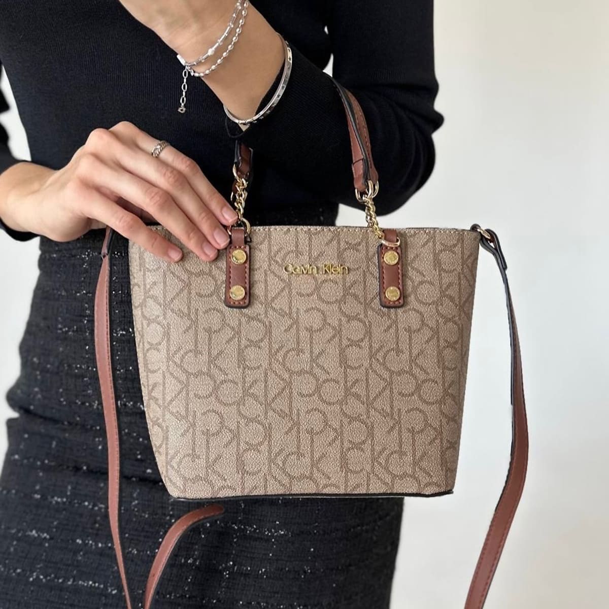 Calvin Klein Medium Tote Bag – Beige Monogram Logo Design, Sophisticated Urban Style #03
